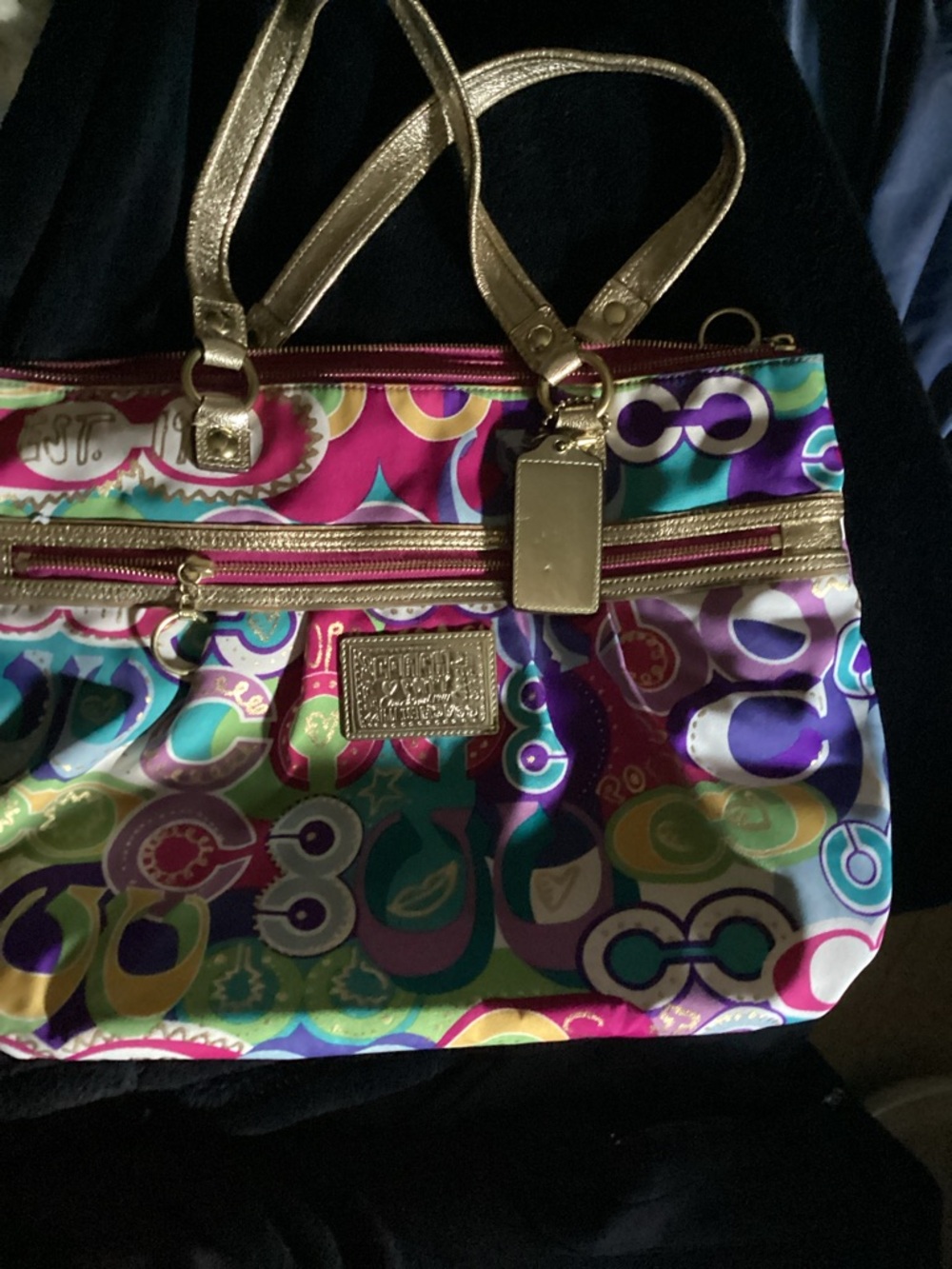 RARE Coach Poppy Graffiti Tote Bag Gold Accents, Top and front zip. w/ dust bag. - Picture 2 of 8